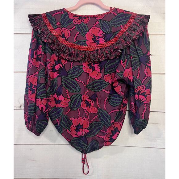Vintage Top Size MED Ruffles Shoulder Pads Printed Purple Red Green Boehmian - Picture 2 of 5